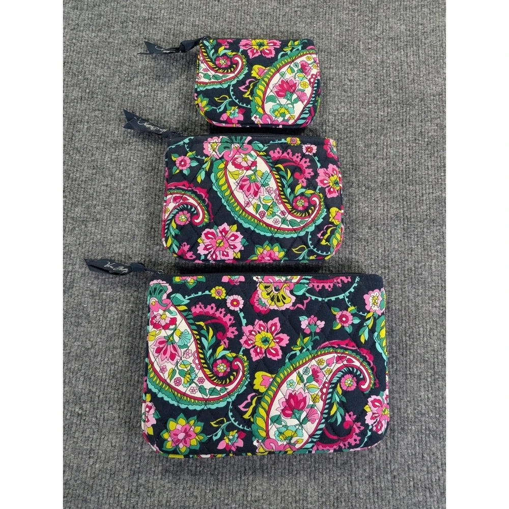 Vera Bradley Retired Nomadic Floral Quilted Cosmetic Pouch Set 3 Piece Navy Pink